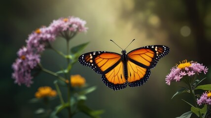 Obraz premium A monarch butterfly in flight, with its wings spread wide, against a backdrop of soft, pink and yellow flowers. The butterfly's orange and black wings are highlighted by the sun.