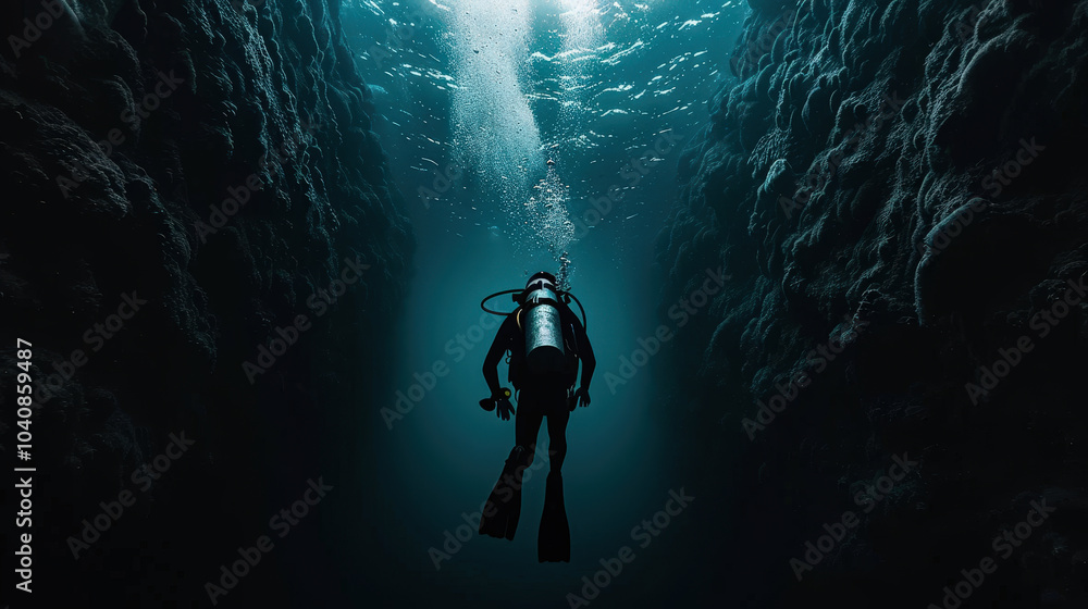 Poster diver exploring underwater depths surrounded by thick, textured walls, creating serene and mysteriou