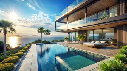 Fototapeta premium Spectacular 3D rendering of a sleek pool villa, showcasing incredible ocean vistas, representing the epitome of opulent seaside living and tranquility.