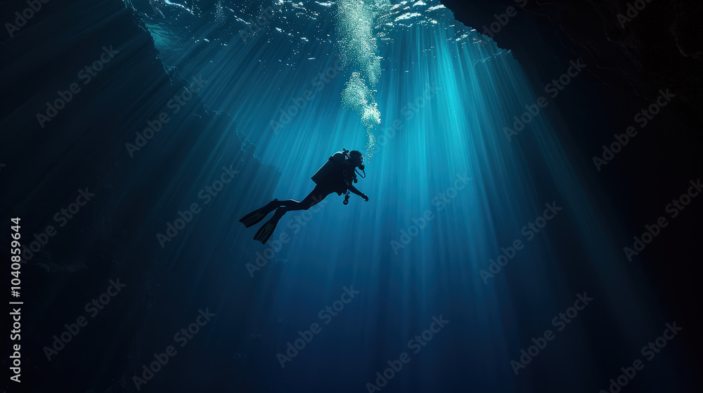 Poster diver exploring underwater depths with sunlight filtering through water, creating serene and captiva