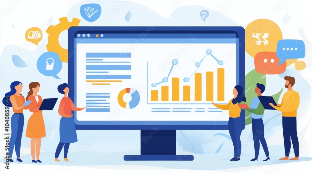 Poster business team analyzing data on computer screen with growth chart and statistics