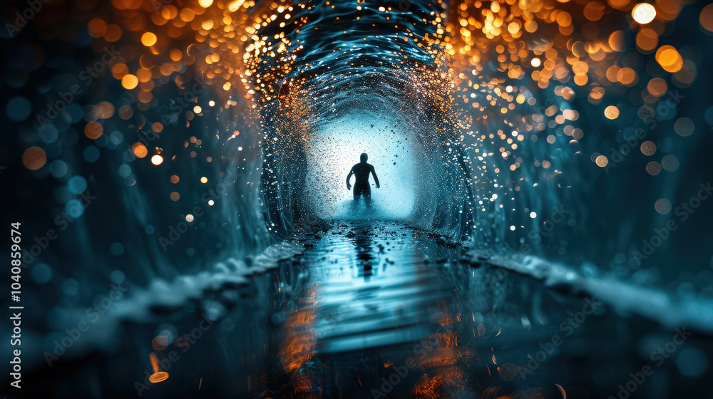 Poster diver navigating through shimmering underwater tunnel, surrounded by sparkling water droplets and il