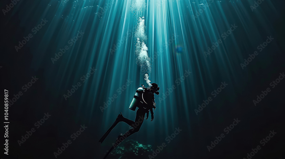 Poster diver exploring depths of ocean, surrounded by beams of light filtering through water, creating sere