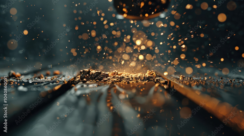 Poster mesmerizing scene of sparks and particles illuminated in dark environment, showcasing beauty of meta