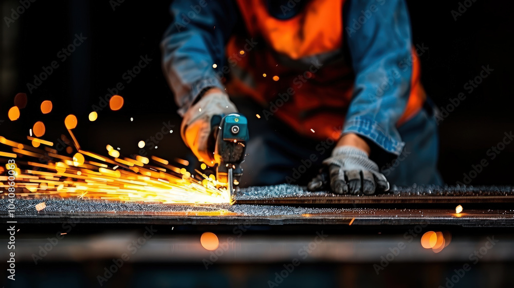 Poster worker uses cutting tool to slice through metal, creating bright sparks that illuminate scene. focus