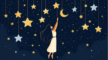 A woman is reaching for a star in the sky. The stars are hanging from the ceiling and are scattered throughout the image. Scene is dreamy and whimsical