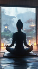 A woman is sitting in a lotus position in a rainstorm. The scene is serene and peaceful, despite the rain