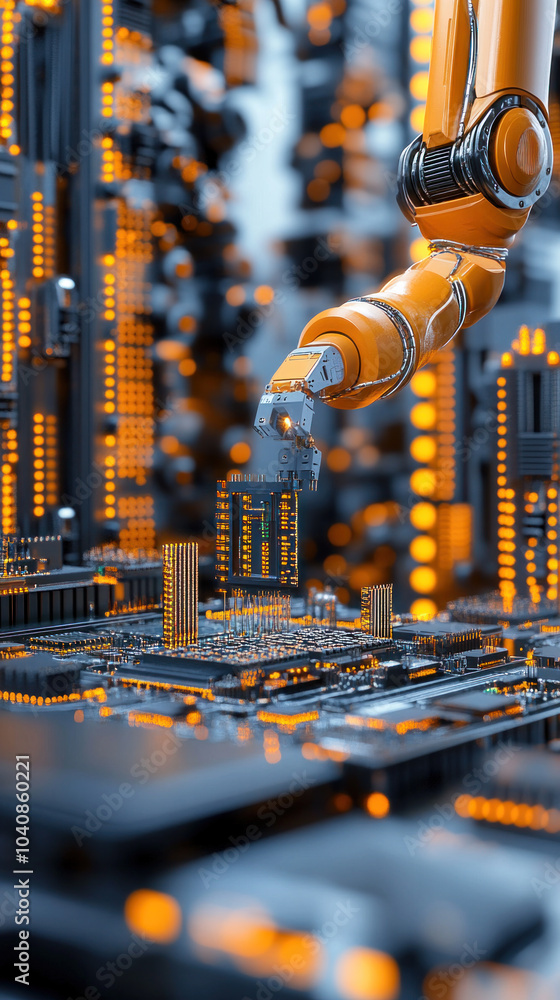 Poster a robot arm is reaching out to a computer chip. the robot is orange and the city is lit up with neon