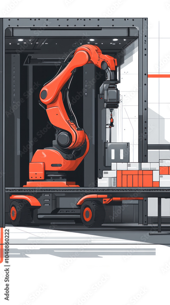 Aufkleber a robot is in a factory, and it is red. the robot is working on a conveyor belt