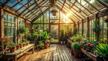 A charming vintage greenhouse plantation, bursting with lush greenery and rustic character, creates a serene oasis ideal for nature enthusiasts seeking tranquil escape and inspiration.