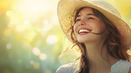 Portrait of a beautiful woman in a straw hat. Laughing girl. Summer time. 