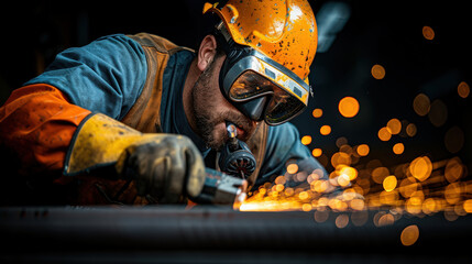 Fototapeta premium skilled worker in protective gear is cutting through metal, creating bright sparks in dark environment, showcasing precision and focus