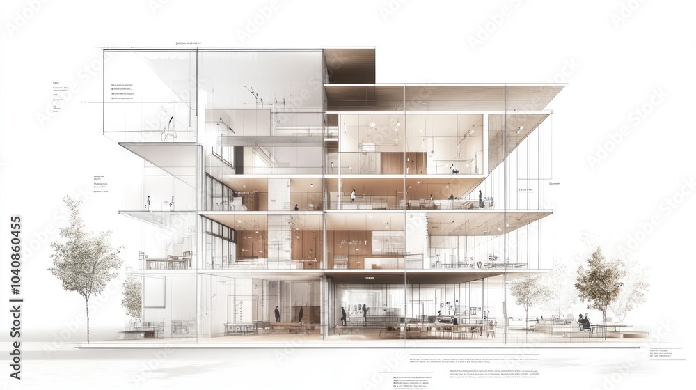 Poster architectural rendering of a modern multi-level building design.
