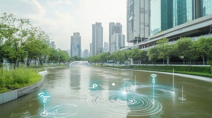 A high-tech AI-powered smart flood prevention system, modern cityscape with advanced sensors and barriers for early flood detection and prevention, Flood Prevention style
