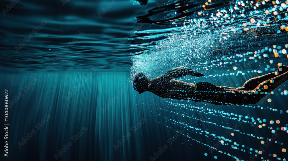 Poster diver cutting through water, creating mesmerizing display of bubbles and light. serene underwater sc
