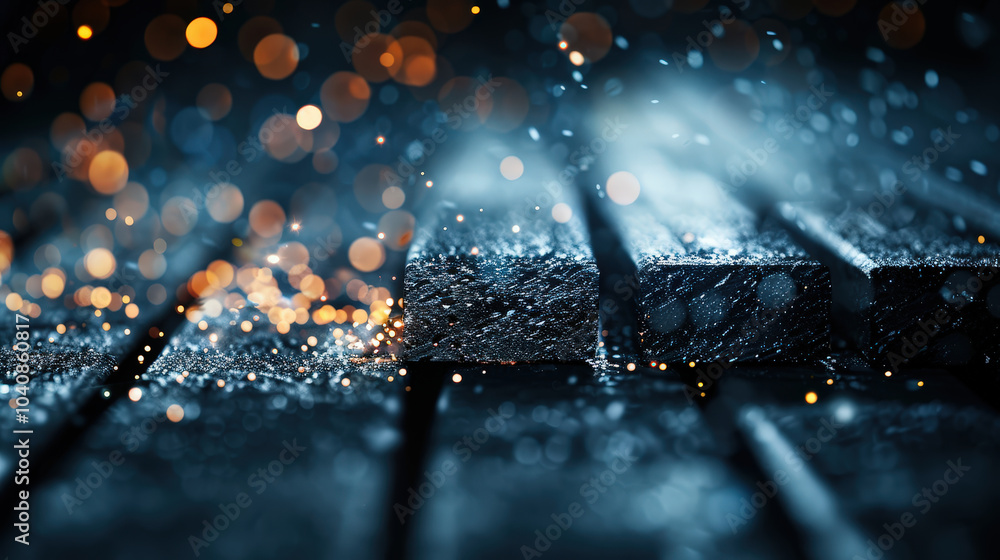 Poster close up view of steel beams with sparks and bokeh effects, creating dramatic and industrial atmosph