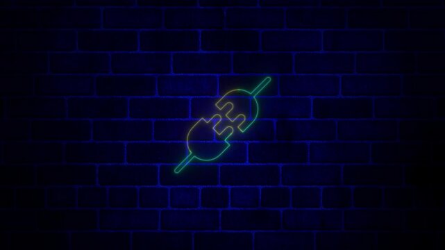 neon, glowing Electric plugs icon symbol video animation on brick wall.