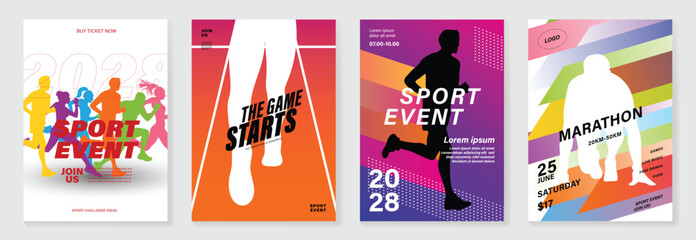 Sport event poster design background vector set. Running sport cover template with vibrant abstract gradient geometric shape and people running. Ideal design for social media, flyer, promotion, card.