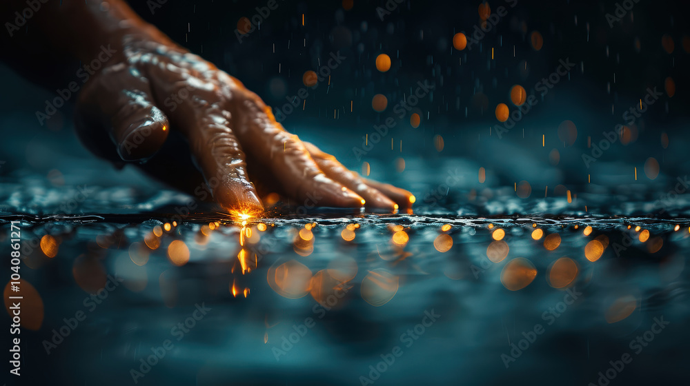 Poster hand gently touches wet surface, creating ripples and reflecting warm bokeh lights in background, ev