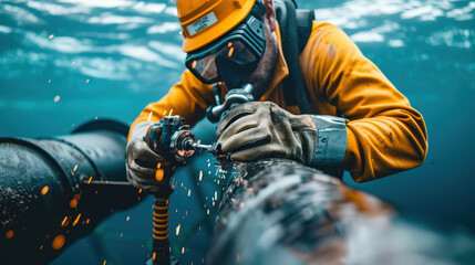 Diver performing underwater welding on large steel pipe, creating sparks in deep blue environment. scene captures intensity and skill involved in underwater construction work