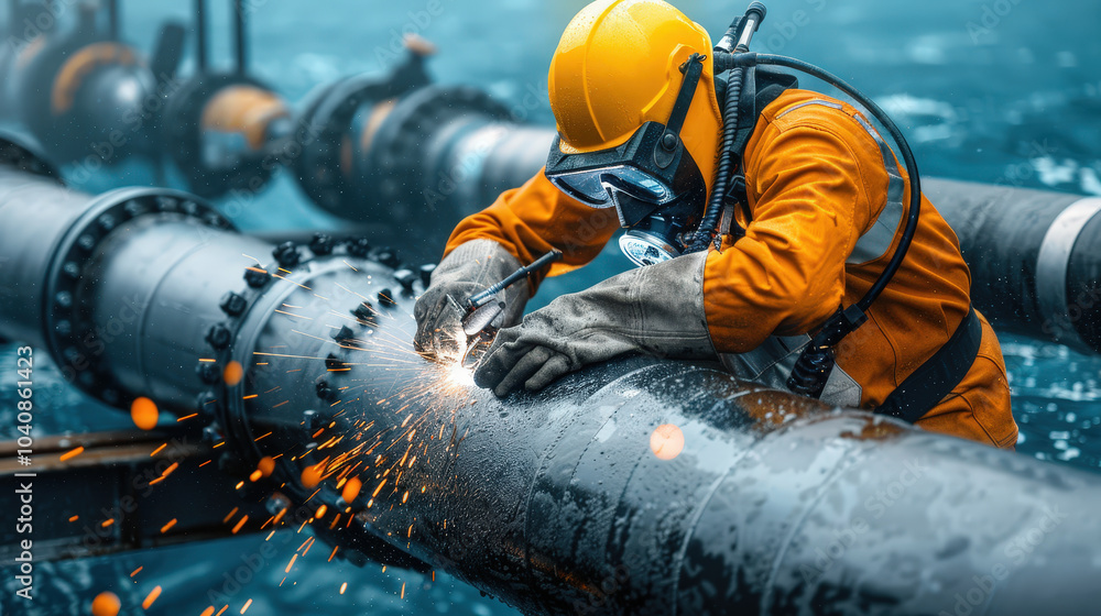 Poster diver performing welding on underwater pipeline, showcasing precision and skill in challenging envir
