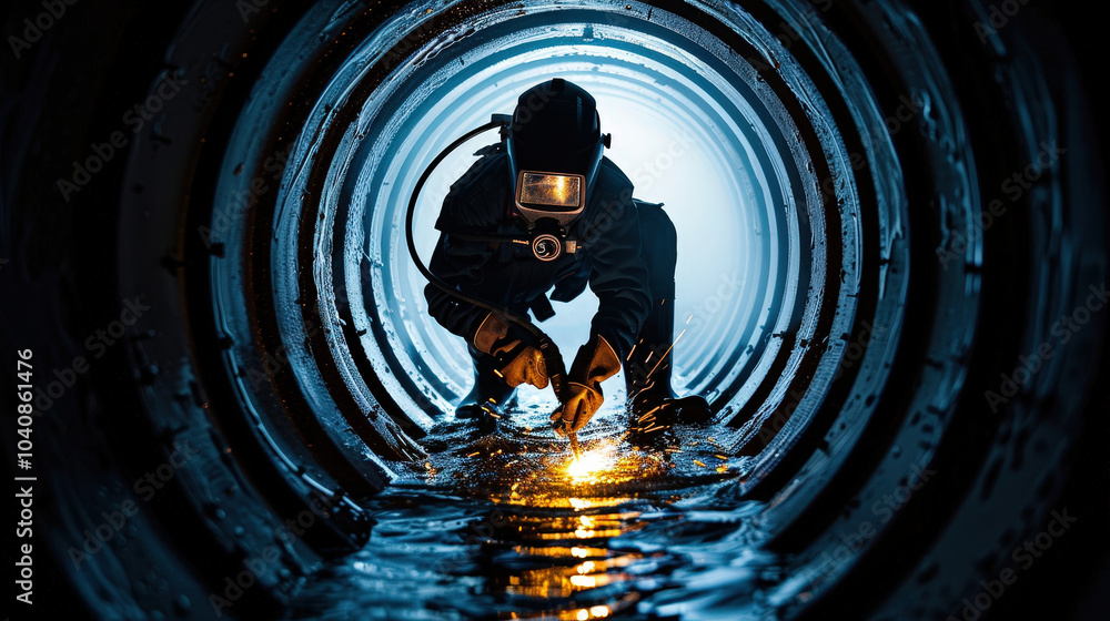 Poster diver performing welding on underwater pipeline, creating sparks in dark tunnel. scene captures inte