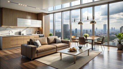 Fototapeta premium Elegant minimalist living room showcases sophisticated design, offering breathtaking city views that enhance modern charm and create a peaceful urban retreat.