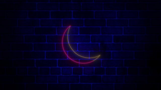 neon, glowing moon icon video animation on brick wall.A Digital Illustration of the Crescent Moon at Twilight, Capturing the Essence of Nighttime in a Simple, Elegant Vector Design for Apps and Websit