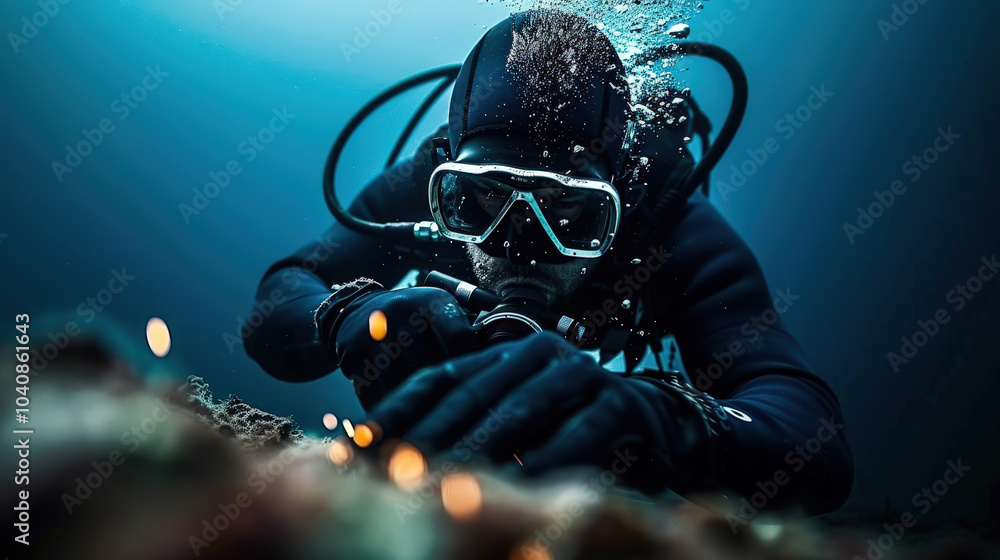 Poster diver using cutting torch underwater, creating sparks in deep blue ocean environment. scene captures