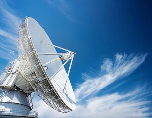 Earth based astronomical radio telescope. Radio telescopes used in science for space observation and distant objects exploring. Radio telescope pointing to the sky with clear blue sky background 