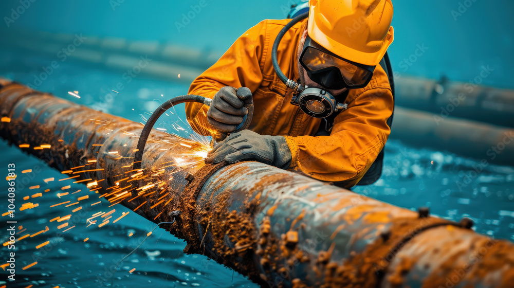 Poster diver welding massive underwater pipeline, creating sparks and showcasing intense work environment. 