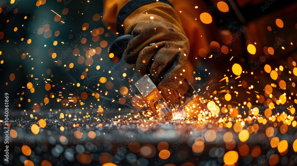Poster skilled worker is welding metal surface, creating dazzling display of sparks and light. scene captur