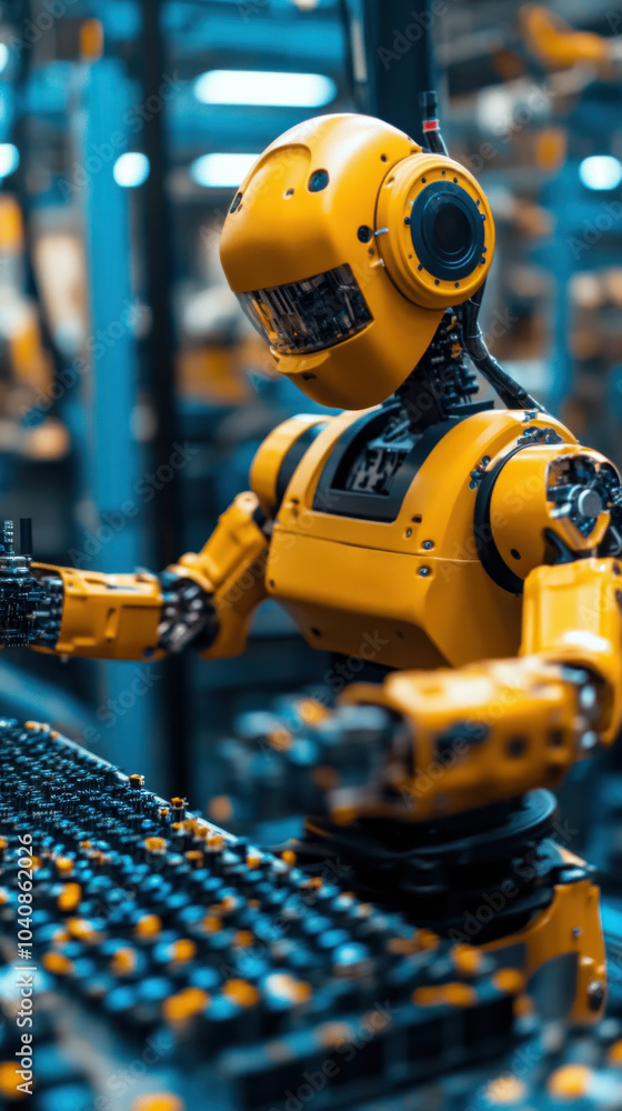 Poster a yellow robot is working on a computer keyboard. the robot is in a factory setting and he is workin