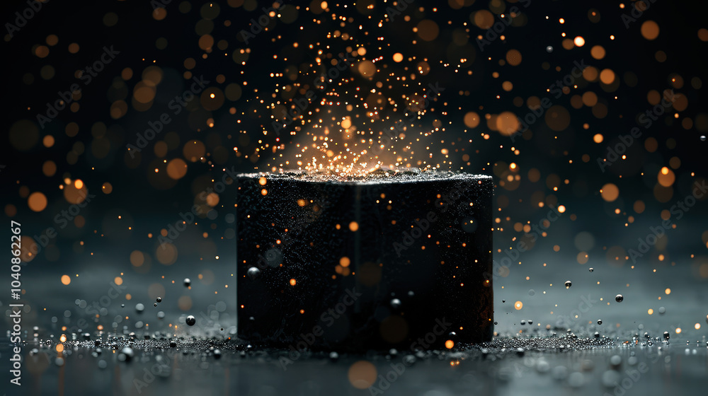 Poster captivating image of dark cylindrical object surrounded by shimmering particles, creating magical at
