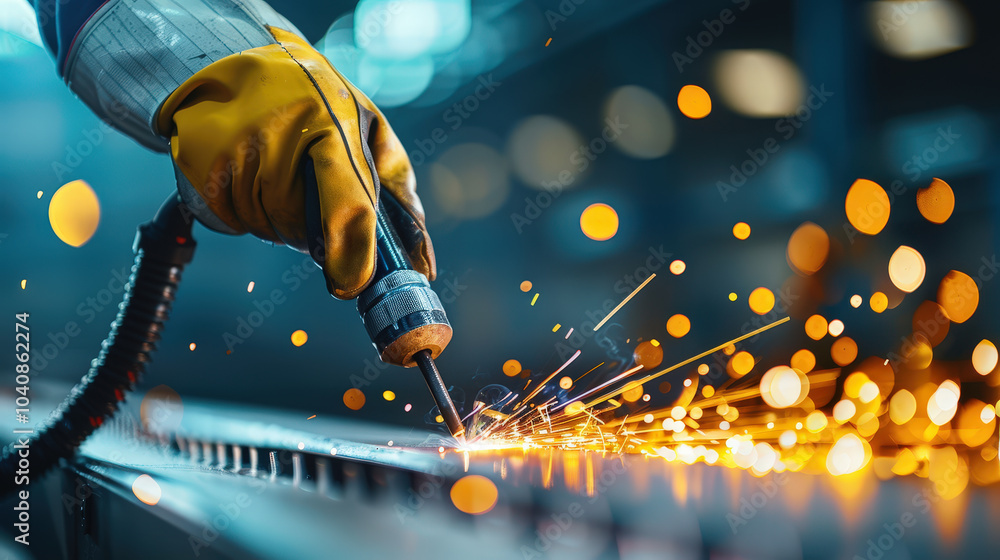 Poster close up of workers hand using drill on metal surface, creating sparks in workshop environment. scen
