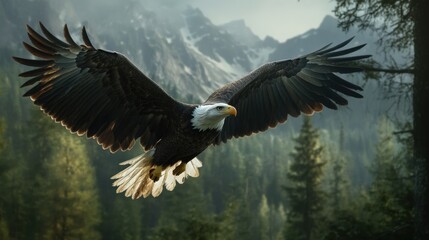 Fototapeta premium Majestic eagle soaring over a mountainous forest landscape.