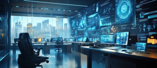 Modern office interior with a futuristic design and large digital screens displaying data and information. The office has a city view and is empty except for an office chair in the foreground.