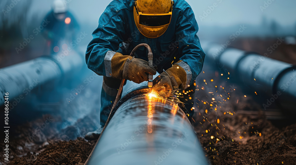 Poster diver welding submerged pipeline, creating sparks and intense focus in challenging environment. scen