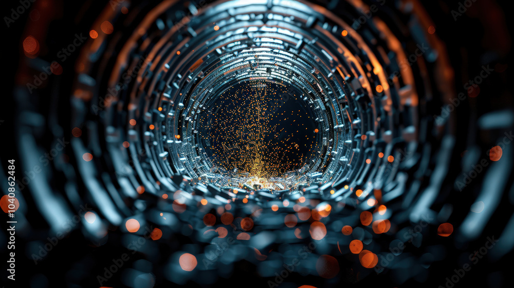 Poster mesmerizing view of metallic tunnel filled with glowing sparks, showcasing intricate details and sense of depth. interplay of light and shadow creates captivating atmosphere