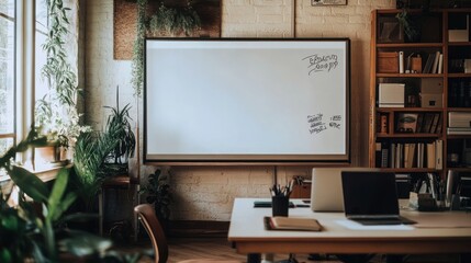 A modern office space with a whiteboard, desk, laptop, plants, and bookshelves.