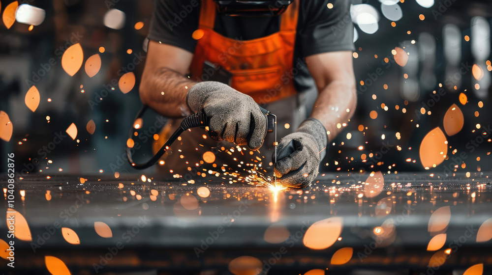 Poster skilled worker is welding metal, creating sparks and dynamic atmosphere in workshop. focus is on pre