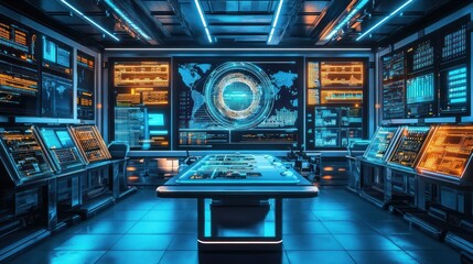 Obraz premium Futuristic command center with glowing blue lights and a large screen displaying a world map.