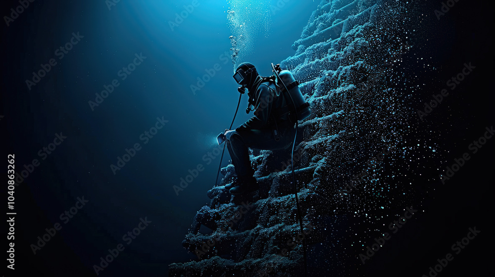 Poster diver exploring submerged structure in deep water, illuminated by flashlight, creating mysterious an