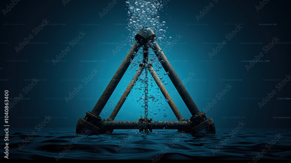 Poster underwater view of submerged steel frame with bubbles rising, creating serene and mysterious atmosph