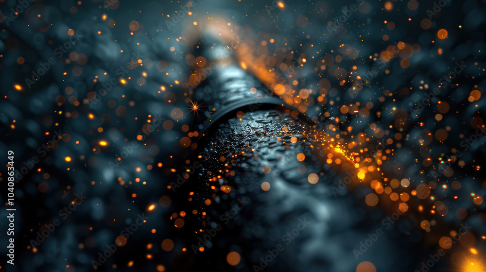 Poster dramatic underwater scene featuring steel pipeline surrounded by shimmering particles and bubbles, c