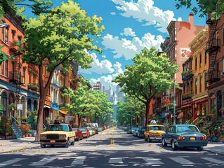 Obraz premium Vibrant City Street Scene with Retro Cars and Lush Greenery