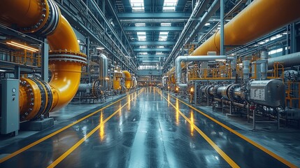 Fototapeta premium Industrial Plant Interior with Pipes Steel Structures and Yellow Stripes