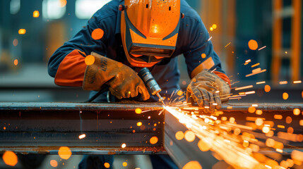 diver is welding on submerged steel beam, creating sparks in dynamic industrial setting. scene captures intensity and skill involved in underwater welding