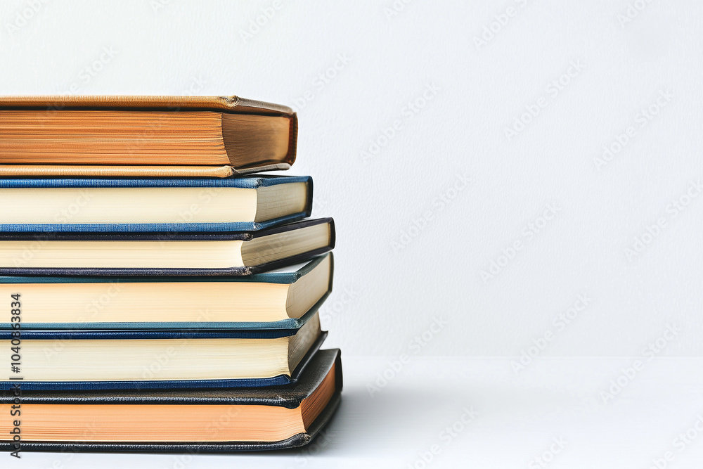 Poster a stack of assorted books neatly arranged on a white background, with copy space.
