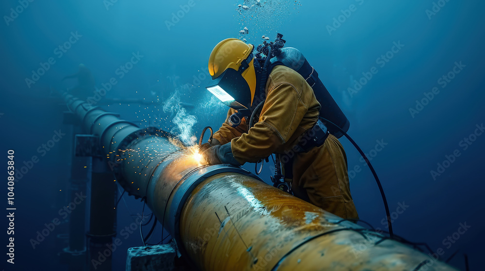 Poster underwater welding on pipeline showcases diver in protective suit, creating sparks in deep blue envi